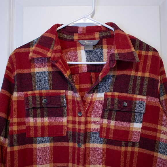 Natural Reflections L Red Maroon Plaid Flannel Button Top Fall Cabincore Cotton - Picture 4 of 7